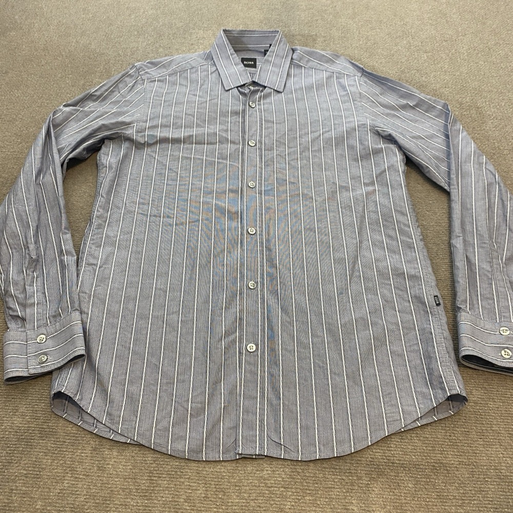 Hugo Boss Shirt Mens Medium Blue Gray Striped Button Up Long Sleeve Turkey Made
